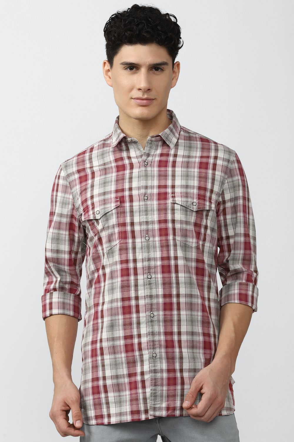 Men Grey Super Slim Fit Check Full Sleeves Casual Shirt