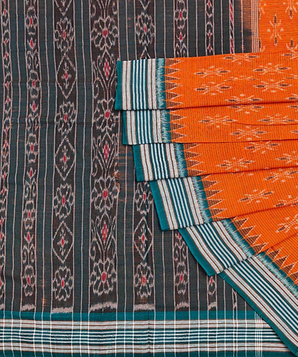 Orange Black Sambalpuri Handwoven Single Ikat Cotton Saree SFCSAR1492