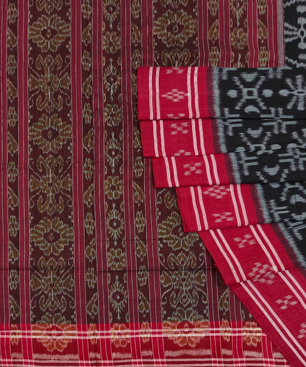 Black Red Sambalpuri Handwoven Single Ikat Cotton Saree SFCSAR1496