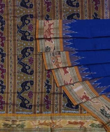 Blue Olive Sambalpuri Handwoven Single Ikat Cotton Saree SFCSAR1507