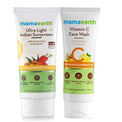 Mamaearth Ultra Light Indian Sunscreen SPF50 PA+++ With Turmeric & Carrot Seed (80gm) + Mamaearth Vitamin C Face Wash (100 ml) COMBO