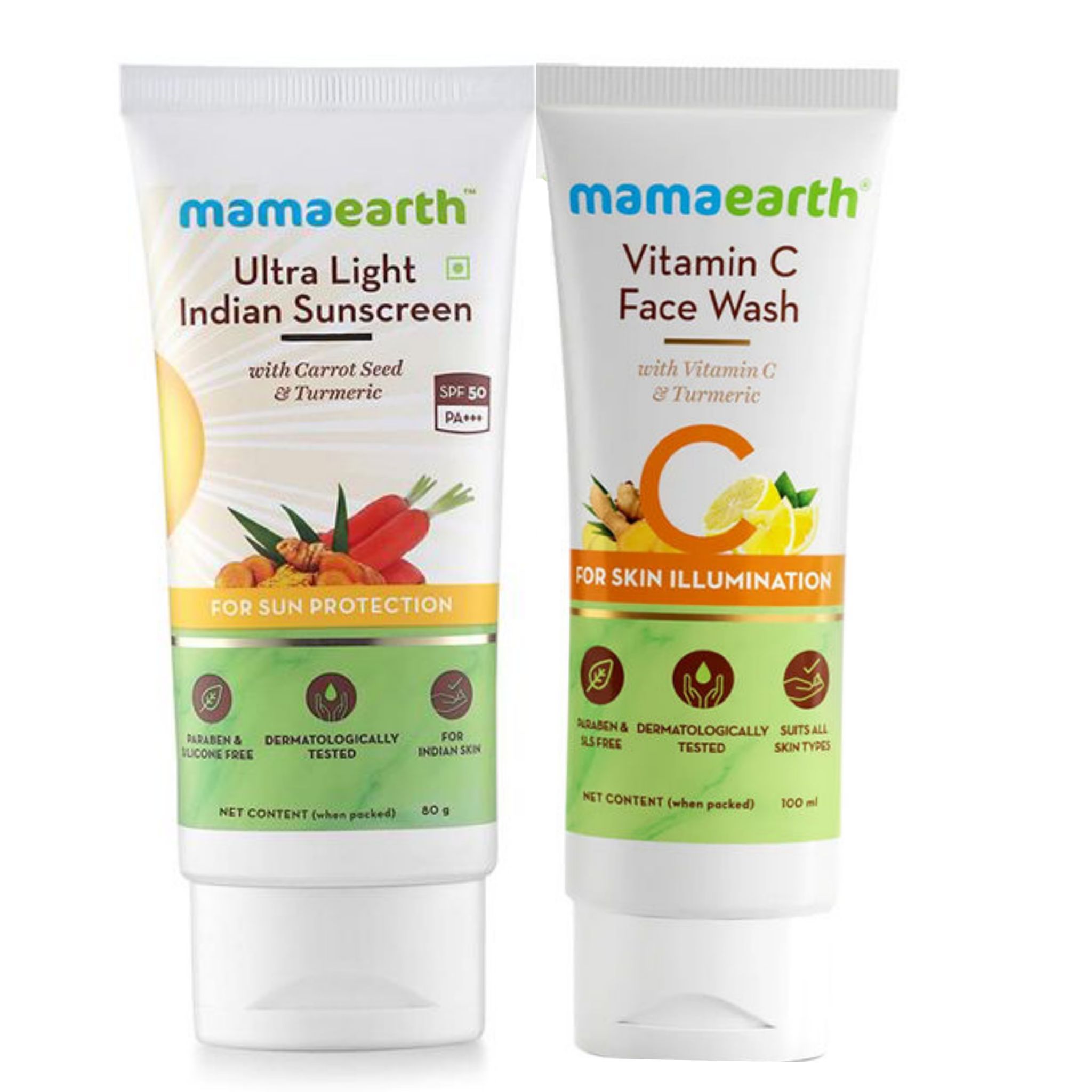Mamaearth Ultra Light Indian Sunscreen SPF50 PA+++ With Turmeric & Carrot Seed (80gm) + Mamaearth Vitamin C Face Wash (100 ml) COMBO