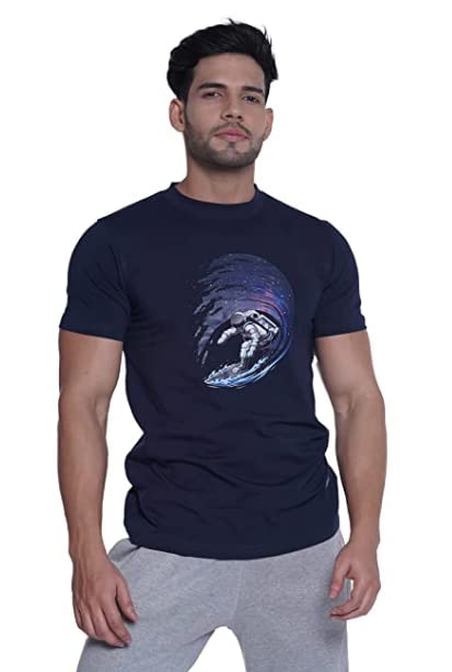 INtees Fashion Men's Premium Round Neck Blue Printed Cotton T-Shirt(M)