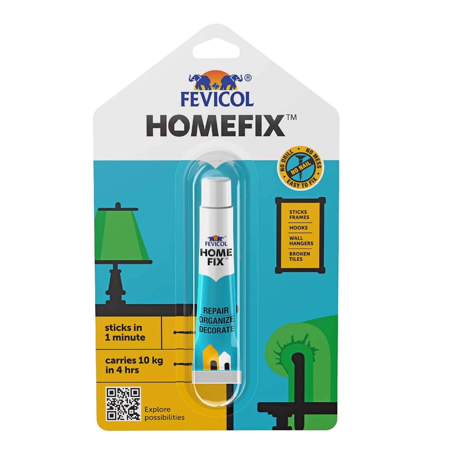 Fevicol Homefix (15 gm)|Home Decor Glue Strong Multi Surface Adhesive Carries upto 10kg|Paste on Walls/Tiles/Wood/Cement/Metal Forget Double Sided Tapes|Nailfree|Easy to Apply & Remove, Pack of 1