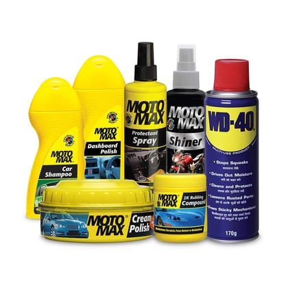 Pidilite Motomax Car Grooming & Maintenance Mega Kit 1, Cream Polish 230 g, Car Shampoo 100 g, 2k Rubbing Compound 100 g, Dashboard Polish 100 ml, Protectant Spray 100 ml, Shiner 100 ml, WD40 170 ml Pidilite Motomax Car Grooming & Maintenance Mega Kit 1, Cream Polish 230 g, Car Shampoo 100 g, 2k Rubbing Compound 100 g, Dashboard Polish 100 ml, Protectant Spray 100 ml, Shiner 100 ml, WD40 170 ml