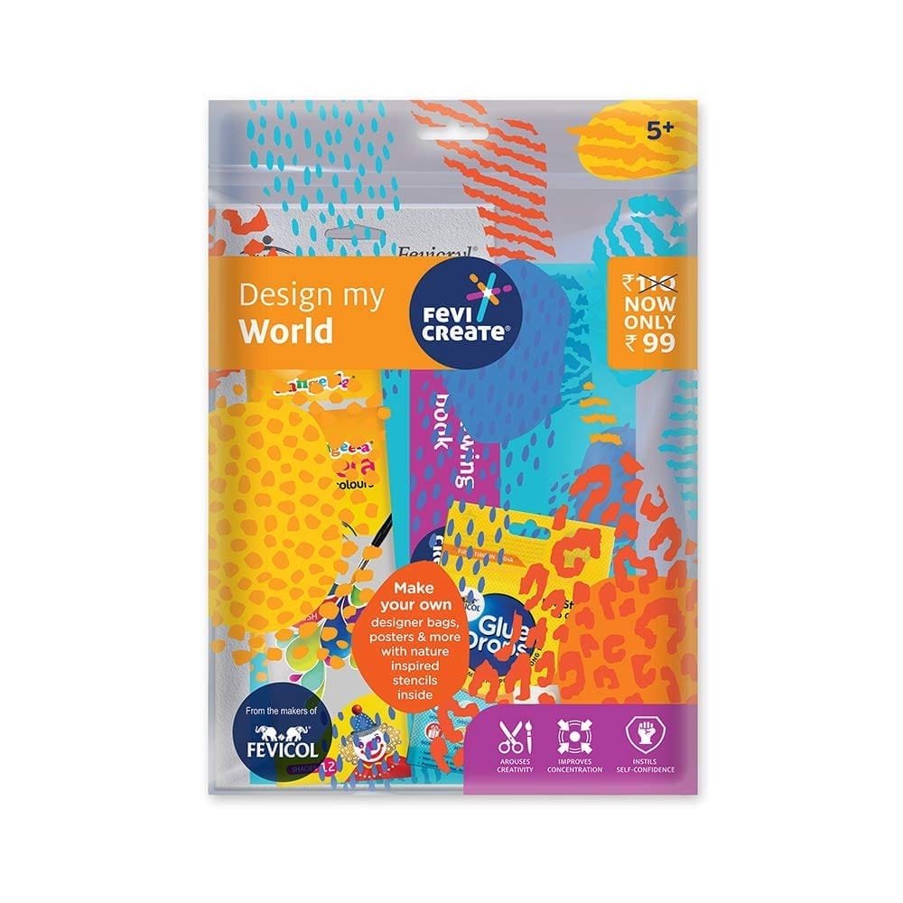 Fevicreate Plastic Design My World Kit Contains Drawing Book, Stencils, Rangeela Tempera Colours, Glue Drops for Fun & Creativity| Best Return Gift for Boys & Girls Age 5 Years+, Multicolour