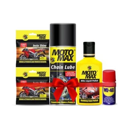 Motomax Bike Basic Care Kit Cleans, Protects and Shines Interiors/Exterior of Bike, Motorcyles Includes Chain Lubricant, Instashine, WD 40 and Bike Liquid Polish Combo Motomax Bike Basic Care Kit Cleans, Protects and Shines Interiors/Exterior of Bike, Motorcyles Includes Chain Lubricant, Instashine, WD 40 and Bike Liquid Polish Combo