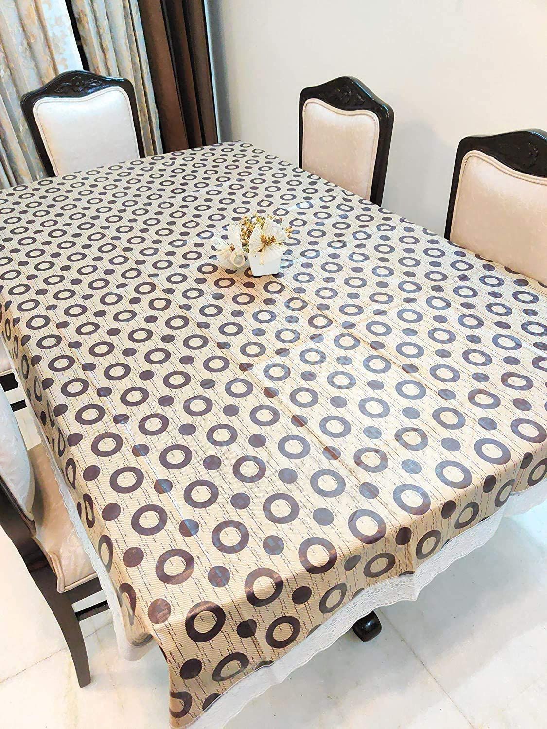 CRAFT CITY Yellow Color Circle Print Center/Dining Table Cover for 2/4/6 Seater Table Cloth/Water and dust with Oil-Proof PVC Rectangular Shape