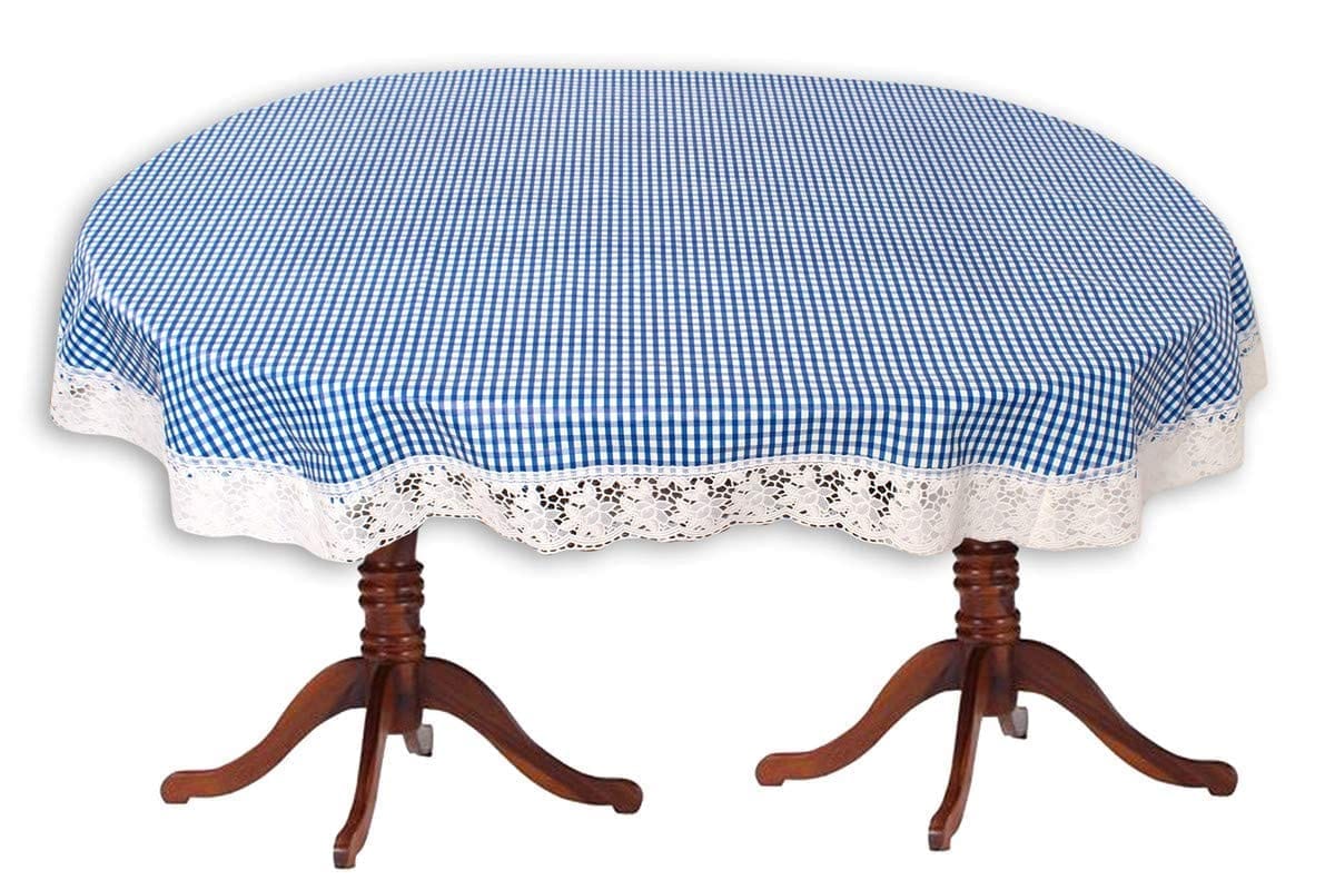 CRAFT CITY Blue Color Check Print Dining Table Cover for 4 to 6 Seater Table Cloth/Water and dust with Oil-Proof PVC Oval Shape