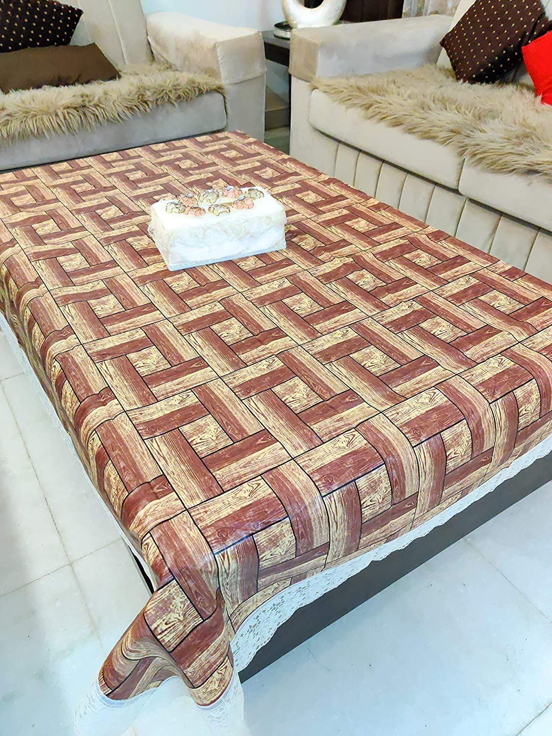 CRAFT CITY Brown Color Wooden Design Center/Dining Table Cover for 2/4/6 Seater Table Cloth/Water and dust with Oil-Proof PVC Rectangular Shape
