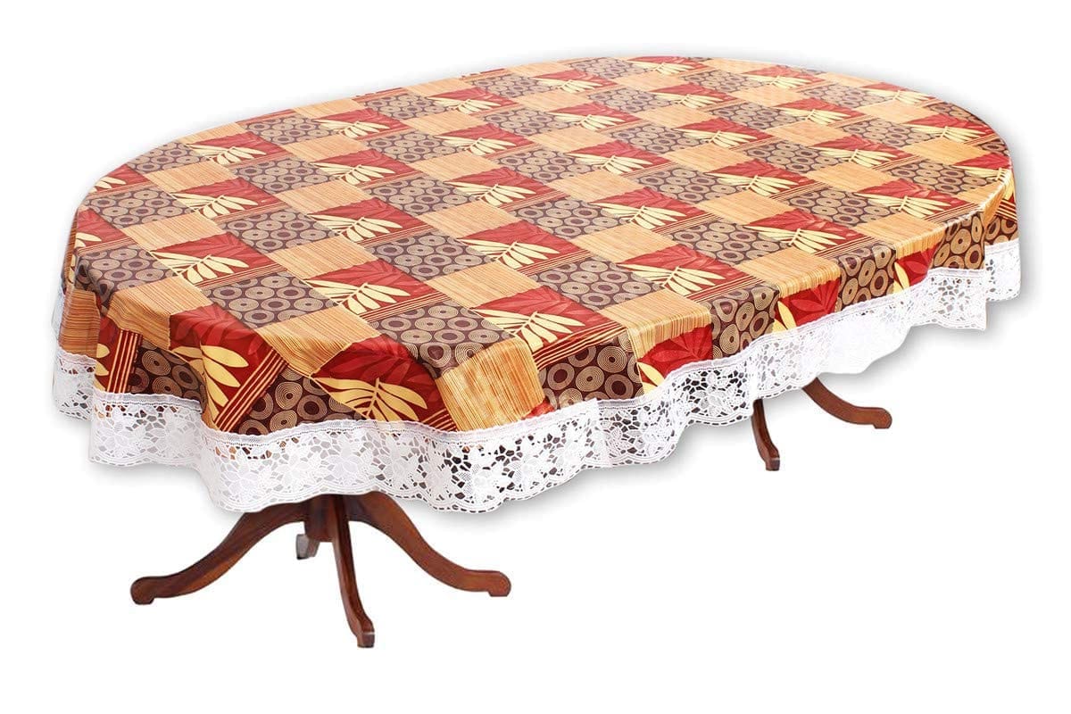 CRAFT CITY Orange Color Flower Print Dining Table Cover for 4 to 6 Seater Table Cloth/Water and dust with Oil-Proof PVC Oval Shape