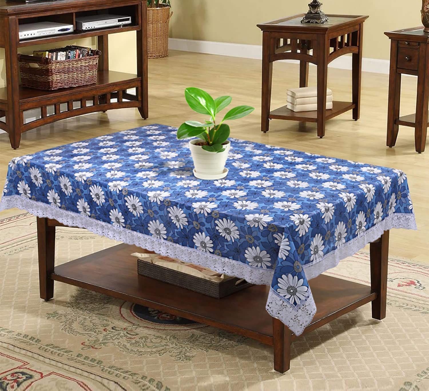 CRAFT CITY Blue Color Flower Print Center/Dining Table Cover for 2/4/6 Seater Table Cloth/Water and dust with Oil-Proof PVC Rectangular Shape