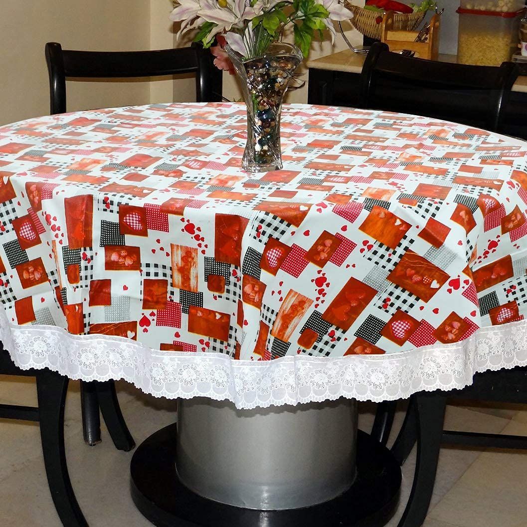 CRAFT CITY White Color Heart Design Center/Dining Table Cover for 2/4 Seater Table Cloth/Water and dust with Oil-Proof PVC Round Shape