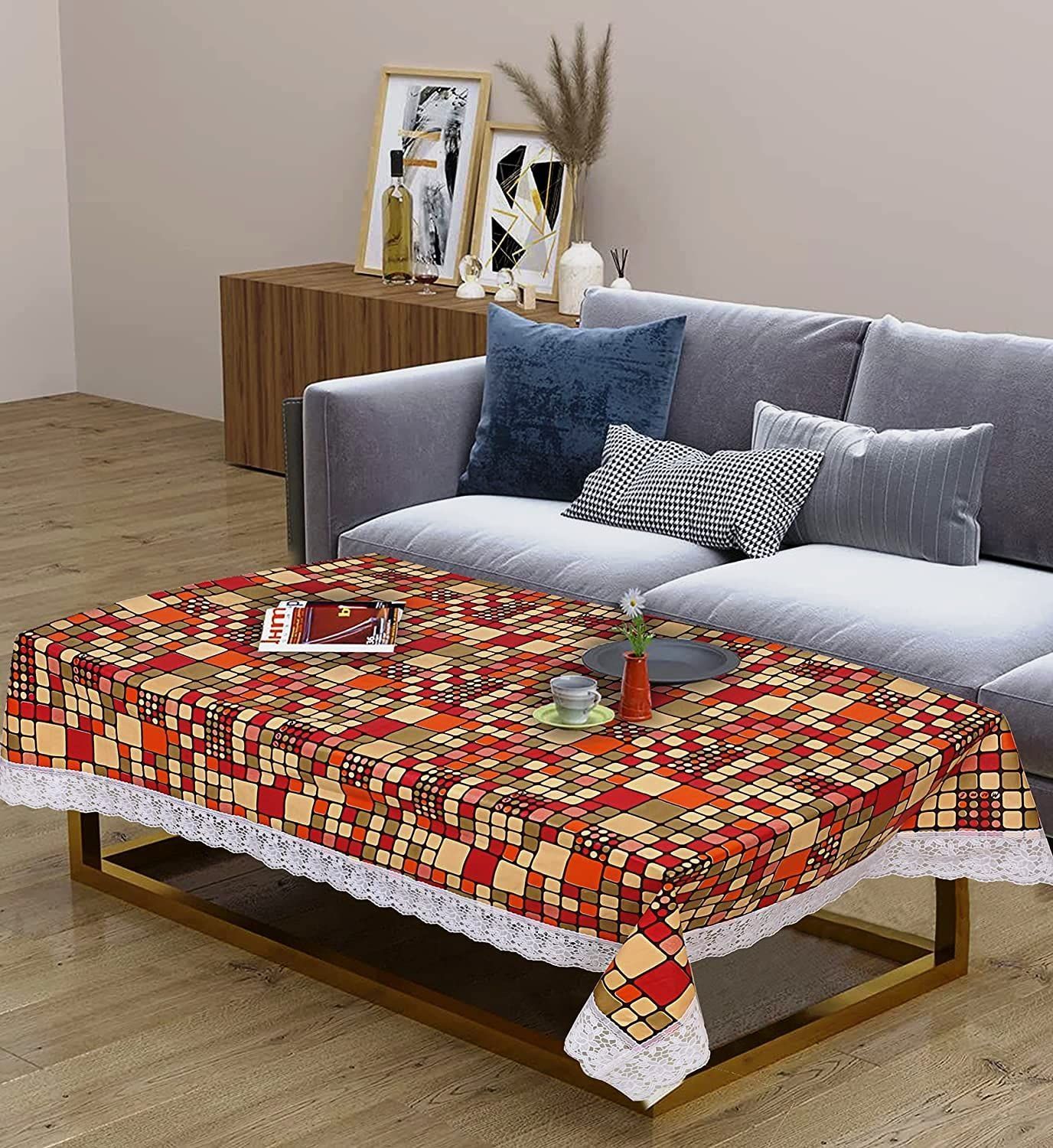 CRAFT CITY Multi Color Square Print Center/Dining Table Cover for 2/4/6 Seater Table Cloth/Water and dust with Oil-Proof PVC Rectangular Shape