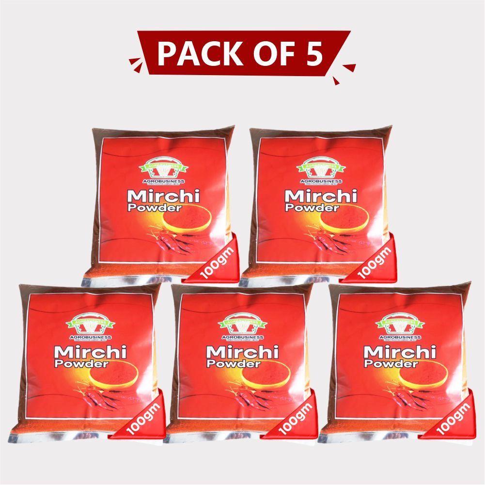 Red Chilli Mirch Powder – Pack of 5 (100 gm × 5) – Agrobusiness Krishi Producer: Spicy, Pure & Farm-Fresh Flavor in Every Pinch!