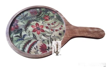 Sara Home Mango Wood Serving Pizza Platter/Chipdip/Dosa/Chees/Snacks Tray Printed Enamel Serving Platter with Handle Appetizer Plate Serving Platter