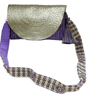 Coloured Foil Jute Sling Bag with Jaquard Handle and Beautiful Handmade Tassel