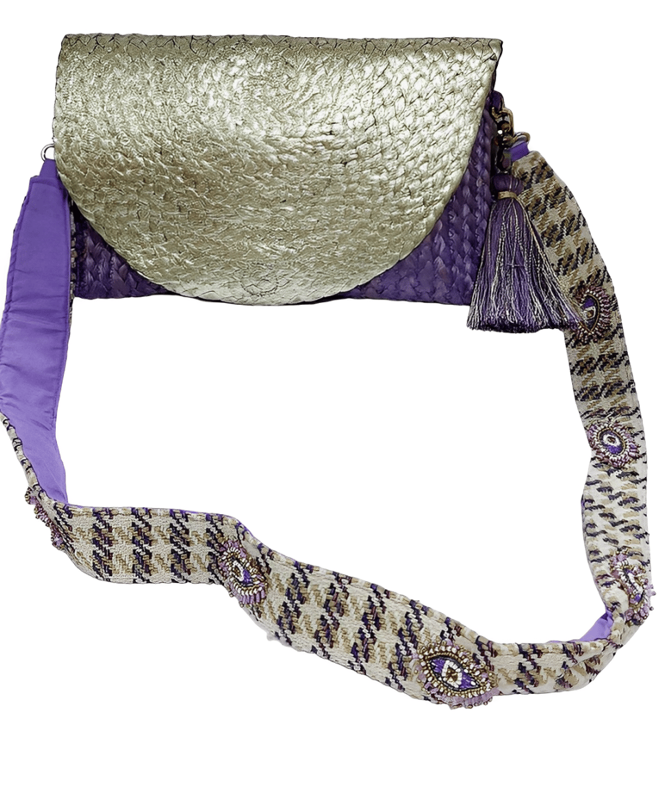 Coloured Foil Jute Sling Bag with Jaquard Handle and Beautiful Handmade Tassel