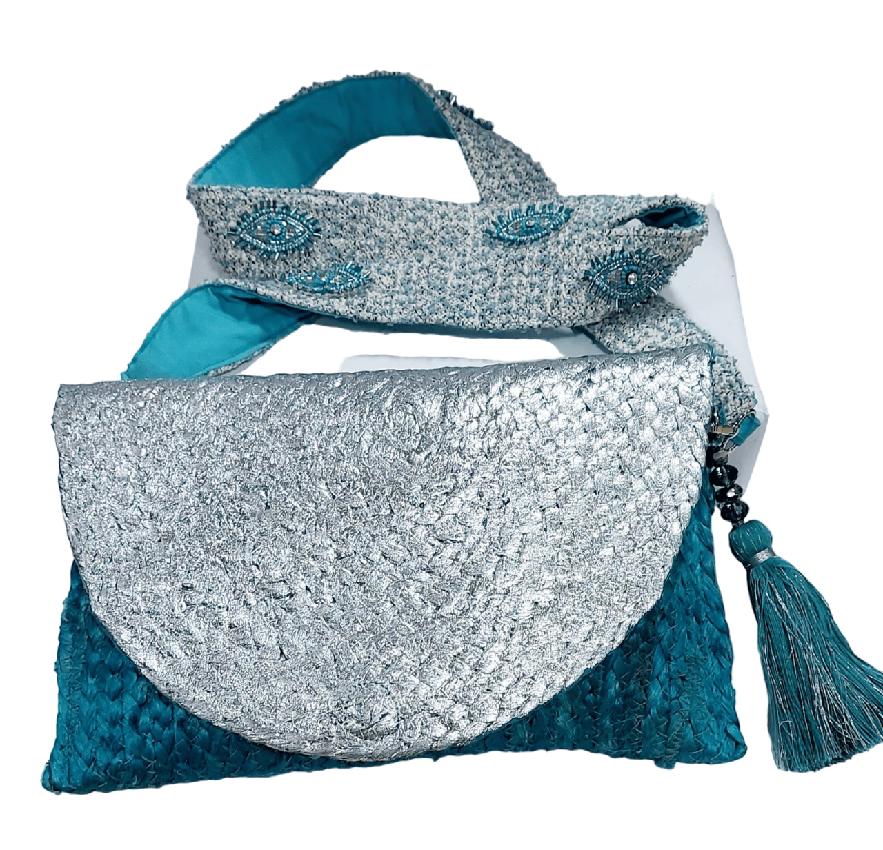 Coloured Foil Jute Sling Bag with Jaquard Handle and Beautiful Handmade Tassel