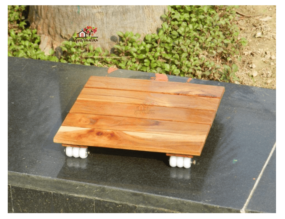 GrihVaatika Premium Teak wood Square Wooden Planter Stand Rolling Trolley Tray Coaster with Heavy Duty Wheels for Indoor Plants for Office Home Balcony Living Room Area, 10 L x 9.5 W x 2.2 H Inch
