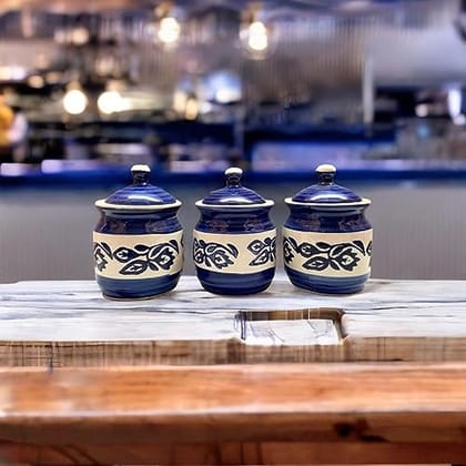 STOREPEDIA Handmade Pottery Ceramic Barni Jar Set of 3 with Lid and Holding Tray for Kitchen Dinning Table Decor Storage Container for Preserves Achar Salt Spices Chutney Tea Coffee Blue Color, 250 ml STOREPEDIA Handmade Pottery Ceramic Barni Jar Set of 3 with Lid and Holding Tray for Kitchen Dinning Table Decor Storage Container for Preserves Achar Salt Spices Chutney Tea Coffee Blue Color, 250 ml