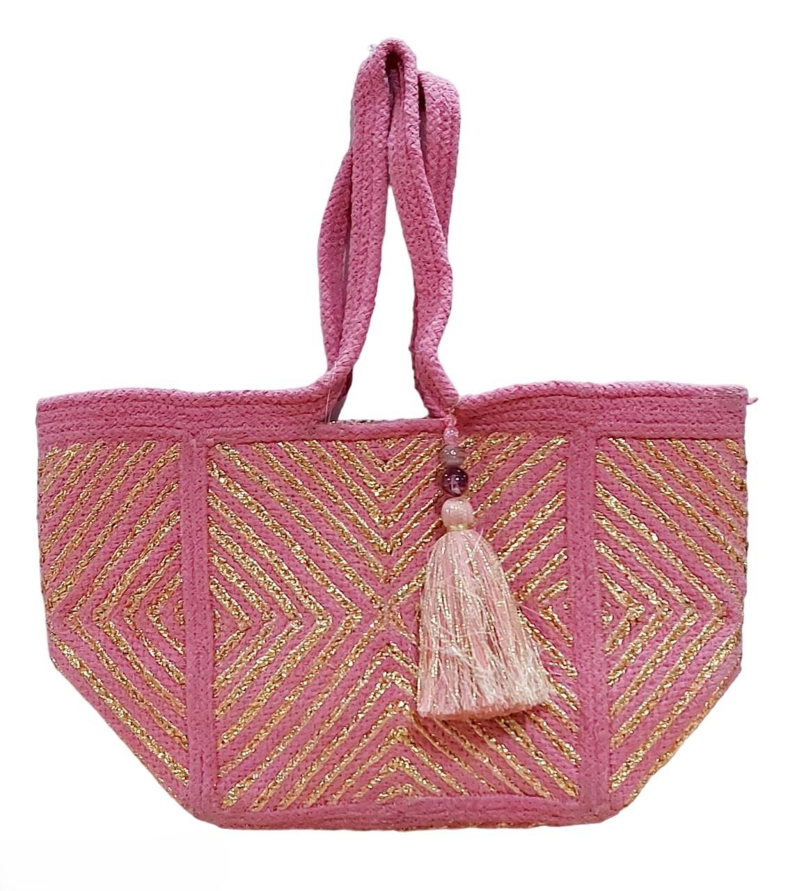 Jute Handmade shoulder Bag (Pink and Gold)