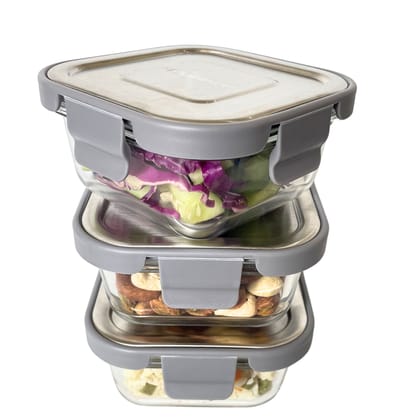 Nuance Borosilicate Glass Container With 304 Grade Stainless Steel Lid 320 ml Set of 3