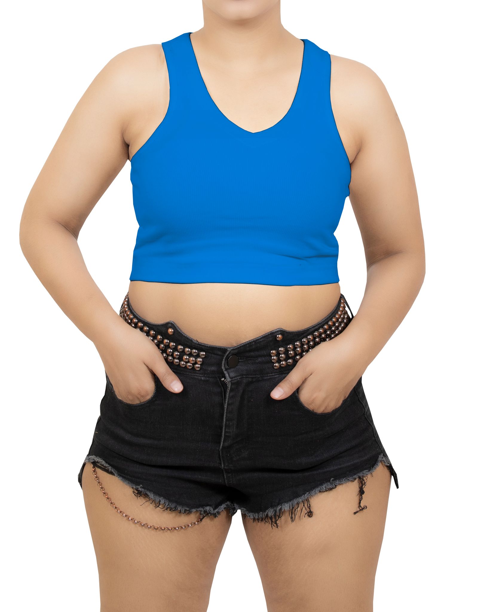Blue Soft and Stretchy Cotton Knit Rib Fitted V Neck Fitted Casual and Sports Crop Top