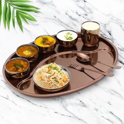 iRin By Dr.WaterR Stainless Steel Rajbhog Thali Rose Gold PVD Dinner Set | Ideal for Home | Restaurant | Gifting | Wedding | 1 Plate/Thali, 4 Bowl, 1 Plate, 1 Glass, 1 Spoon, 1 Fork | Pack of 9 iRin By Dr.WaterR Stainless Steel Rajbhog Thali Rose Gold PVD Dinner Set | Ideal for Home | Restaurant | Gifting | Wedding | 1 Plate/Thali, 4 Bowl, 1 Plate, 1 Glass, 1 Spoon, 1 Fork | Pack of 9