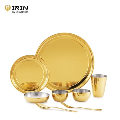 iRiN By Dr.WaterR Parivar Stainless Steel Premium Dinner Set Gold PVD | Kitchen Set |Ideal for Home | Restaurant | Gifting | Wedding | 1 Full Plate 2 Bowls 2 Small Plate 1 Glass 1 Spoon 1 Fork | Pack of 8pcs iRiN By Dr.WaterR Parivar Stainless Steel Premium Dinner Set Gold PVD | Kitchen Set |Ideal for Home | Restaurant | Gifting | Wedding | 1 Full Plate 2 Bowls 2 Small Plate 1 Glass 1 Spoon 1 Fork | Pack of 8pcs