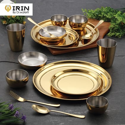 iRiN By Dr.WaterR Parivar Stainless Steel Premium Dinner Set Gold PVD | Kitchen Set | Ideal for Home | Restaurant | Gifting | Wedding | 2 Full Plate 4 Bowls 4 Small Plate 2 Glass 2 Spoon 2 Fork | Pack of 16pcs iRiN By Dr.WaterR Parivar Stainless Steel Premium Dinner Set Gold PVD | Kitchen Set | Ideal for Home | Restaurant | Gifting | Wedding | 2 Full Plate 4 Bowls 4 Small Plate 2 Glass 2 Spoon 2 Fork | Pack of 16pcs