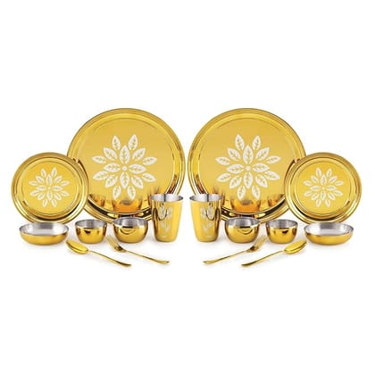 iRiN By Dr.WaterR Parivar Stainless Steel Designer Dinner Set Gold PVD|Kitchen Set | Ideal for Home | Restaurant | Gifting | Wedding | 2 Full Plate 4 Bowls 4 Small Plate 2 Glass 2 Spoon 2 Fork | Pack of 16pcs iRiN By Dr.WaterR Parivar Stainless Steel Designer Dinner Set Gold PVD|Kitchen Set | Ideal for Home | Restaurant | Gifting | Wedding | 2 Full Plate 4 Bowls 4 Small Plate 2 Glass 2 Spoon 2 Fork | Pack of 16pcs
