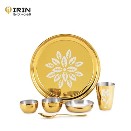 iRiN By Dr.WaterR Parivar Stainless Steel Designer Dinner Set Gold PVD | Kitchen Set | Ideal for Home | Restaurant | Gifting | Wedding | 1 Full Plate 2 Bowls 1 Small Plate 1 Glass 1 Spoon | Pack of 6pcs iRiN By Dr.WaterR Parivar Stainless Steel Designer Dinner Set Gold PVD | Kitchen Set | Ideal for Home | Restaurant | Gifting | Wedding | 1 Full Plate 2 Bowls 1 Small Plate 1 Glass 1 Spoon | Pack of 6pcs