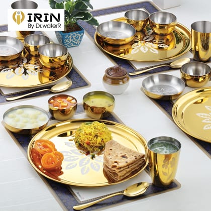 iRiN By Dr.WaterR Parivar Stainless Steel Designer Dinner Set Gold PVD|Kitchen Set |Ideal for Home|Restaurant|Gifting|Wedding |3 Full Plate 6 Bowls 3 Small Plate 3 Glass 3 Spoon|Pack of 18pcs iRiN By Dr.WaterR Parivar Stainless Steel Designer Dinner Set Gold PVD|Kitchen Set |Ideal for Home|Restaurant|Gifting|Wedding |3 Full Plate 6 Bowls 3 Small Plate 3 Glass 3 Spoon|Pack of 18pcs