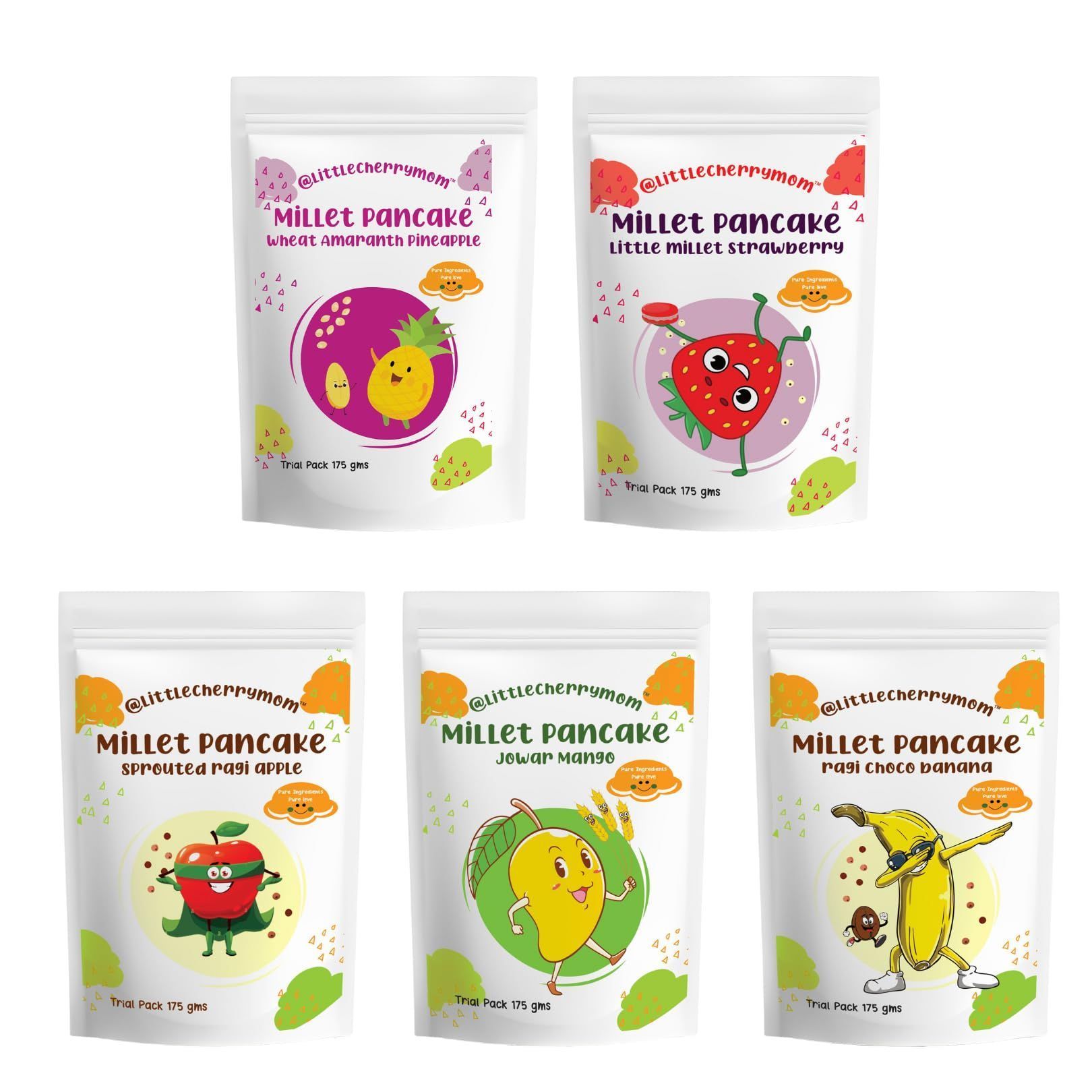 Pancake Mania Combo – Jowar Mango + Ragi Choco Banana + Ragi Apple + Wheat Amaranth Pineapple + Little Millet Strawberry – 175 gms Each