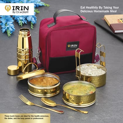 iRin By Dr.WaterR Tiffin Gold PVD with Dew Bottle & Red Bag | Lunch Box 300ml | Ideal For Office | School | College | Picnic | Boys | Girls | Men | Leak Proof | Multipurpose | Gifting | Special Occasion iRin By Dr.WaterR Tiffin Gold PVD with Dew Bottle & Red Bag | Lunch Box 300ml | Ideal For Office | School | College | Picnic | Boys | Girls | Men | Leak Proof | Multipurpose | Gifting | Special Occasion