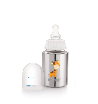 Dr.WaterR Stainless Steel Baby Feeding Bottle 150ml With 1 Extra Nipple Giraffe character Printed, narrow neck Infants 0-3 Years, Bottle for Milk, Water, Juice, Ideal for Home, Gifting, Birthday, Special Occasions Dr.WaterR Stainless Steel Baby Feeding Bottle 150ml With 1 Extra Nipple Giraffe character Printed, narrow neck Infants 0-3 Years, Bottle for Milk, Water, Juice, Ideal for Home, Gifting, Birthday, Special Occasions