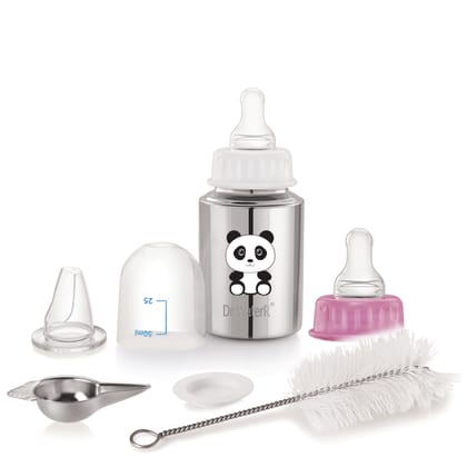 Dr.WaterR Stainless Steel Baby Feeding Bottle Kit 150ml Gift Set Panda character Printed, narrow neck Infants 0-3 Years, Bottle for Milk, Water, Juice, Ideal for Home, Gifting, Birthday, Special Occasions Dr.WaterR Stainless Steel Baby Feeding Bottle Kit 150ml Gift Set Panda character Printed, narrow neck Infants 0-3 Years, Bottle for Milk, Water, Juice, Ideal for Home, Gifting, Birthday, Special Occasions