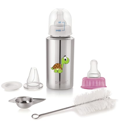 Dr.WaterR Stainless Steel Baby Feeding Bottle Kit 250ml Gift Set Tortoise character Printed, narrow neck Infants 0-3 Years, Bottle for Milk, Water, Juice, Ideal for Home, Gifting, Birthday, Special Occasions Dr.WaterR Stainless Steel Baby Feeding Bottle Kit 250ml Gift Set Tortoise character Printed, narrow neck Infants 0-3 Years, Bottle for Milk, Water, Juice, Ideal for Home, Gifting, Birthday, Special Occasions