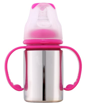 Dr.WaterR Stainless Steel Baby Feeding Bottle with Easy-Hold with pink handle full steel mirror- Milk, Water, and Juice Nipple Bottle - 150ml Dr.WaterR Stainless Steel Baby Feeding Bottle with Easy-Hold with pink handle full steel mirror- Milk, Water, and Juice Nipple Bottle - 150ml
