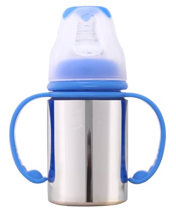 Dr.WaterR Stainless Steel Baby Feeding Bottle with Easy-Hold with blue handle full steel mirror- Milk, Water, and Juice Nipple Bottle - 150ml Dr.WaterR Stainless Steel Baby Feeding Bottle with Easy-Hold with blue handle full steel mirror- Milk, Water, and Juice Nipple Bottle - 150ml