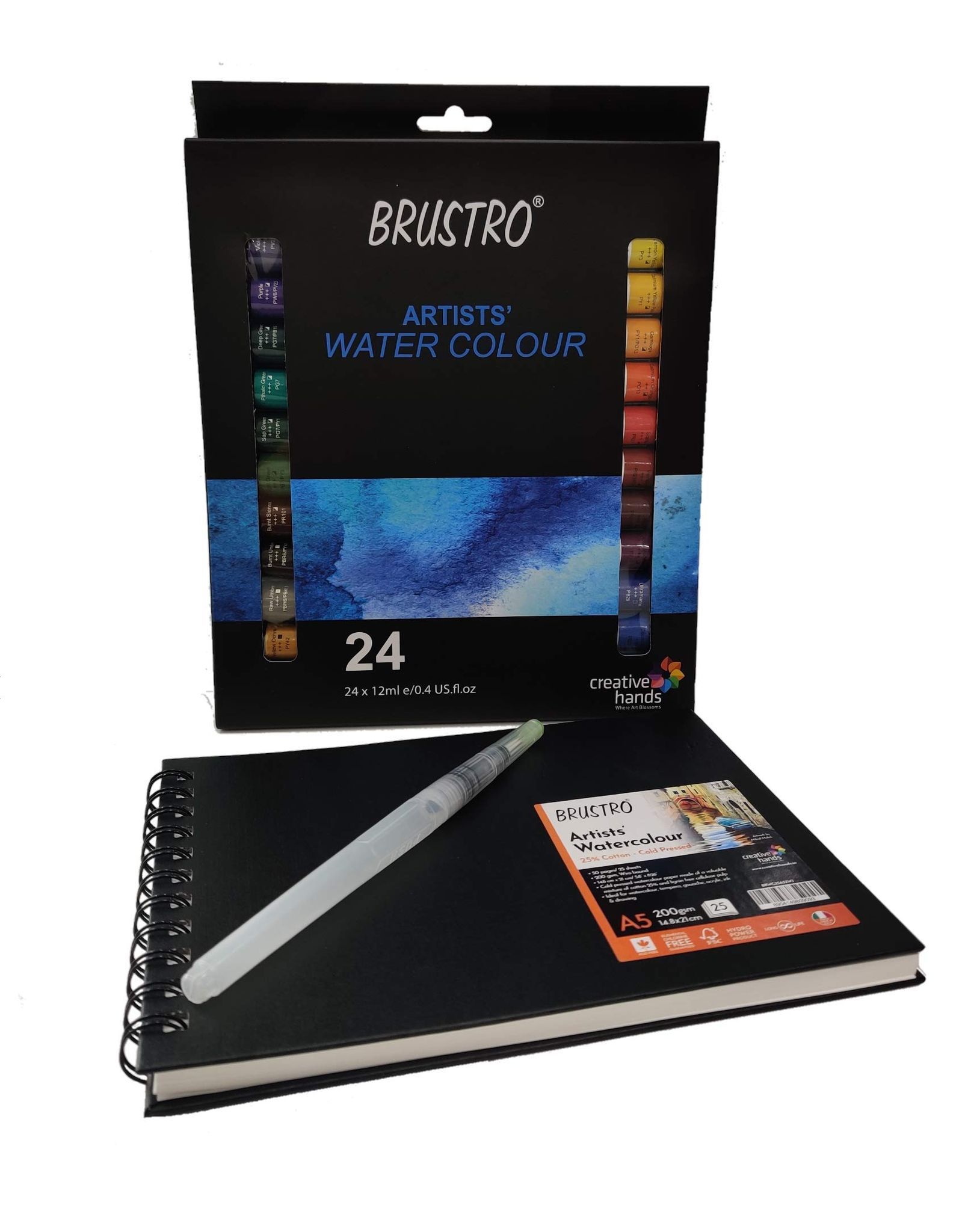 BRUSTRO Artists' Watercolour Set Of 24 Colours X 12Ml Tubes With Artist 25% Cotton Watercolour Journal Cold Pressed 200 Gsm A5-25 Sheets And Aqua Squeeze Leak Proof Brush Pen, Multicolor