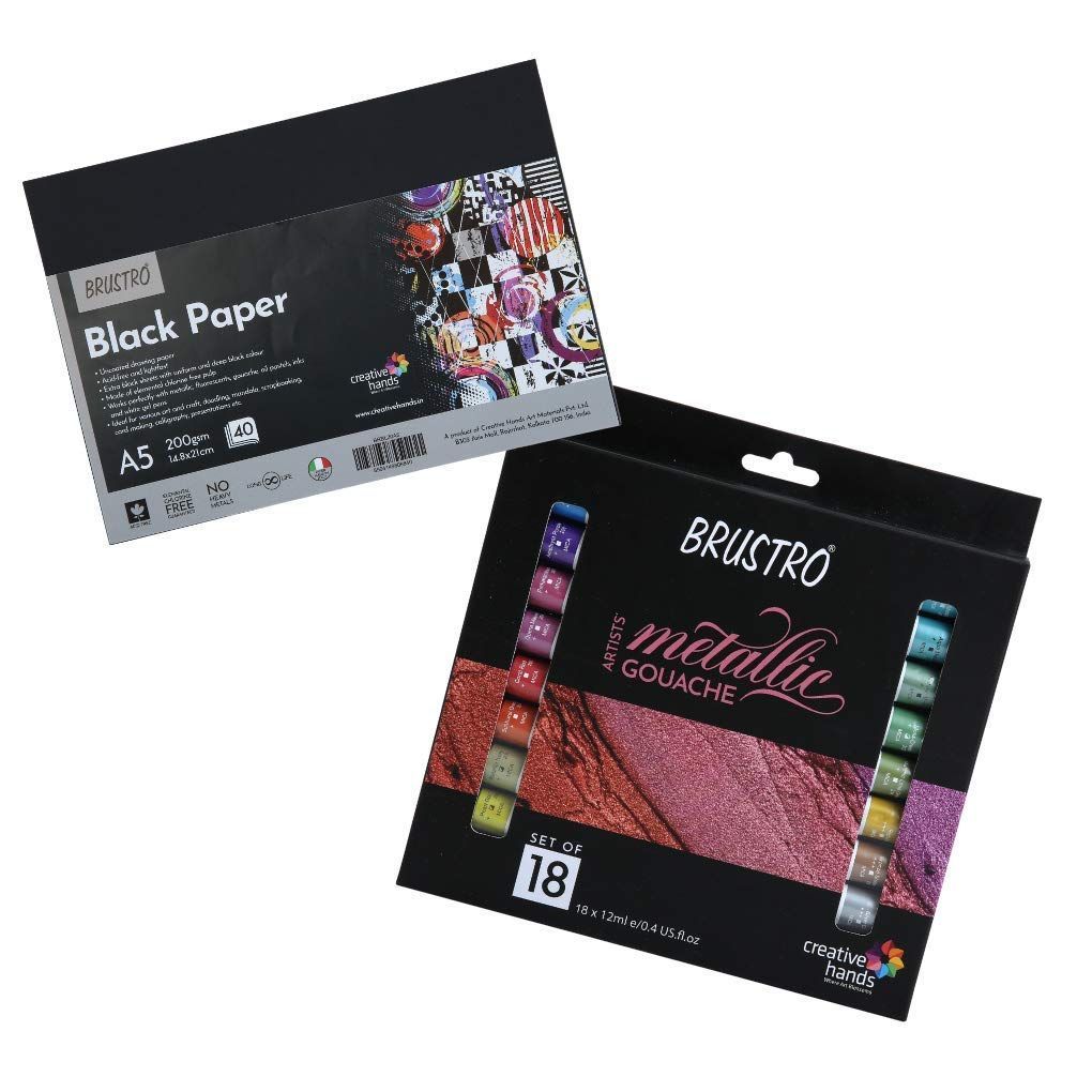 BRUSTRO Artists' Metallic Gouache Set of 18x12ml with Black Paper A5 (40 Sheets)