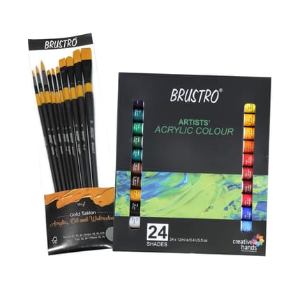 BRUSTRO Acrylic Paint set of 24, Multicolour 12ml tubes With Gold Taklon Brush Set of 10 BRUSTRO Acrylic Paint set of 24, Multicolour 12ml tubes With Gold Taklon Brush Set of 10