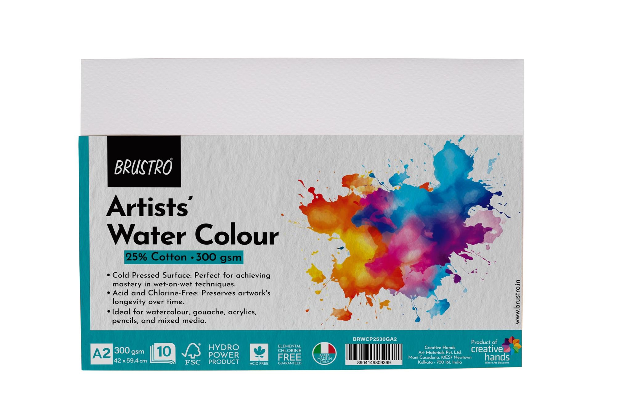 BRUSTRO Artists Watercolor Paper 25% Cotton Cold Pressed 300 GSM, Size- A2, 10 Sheets