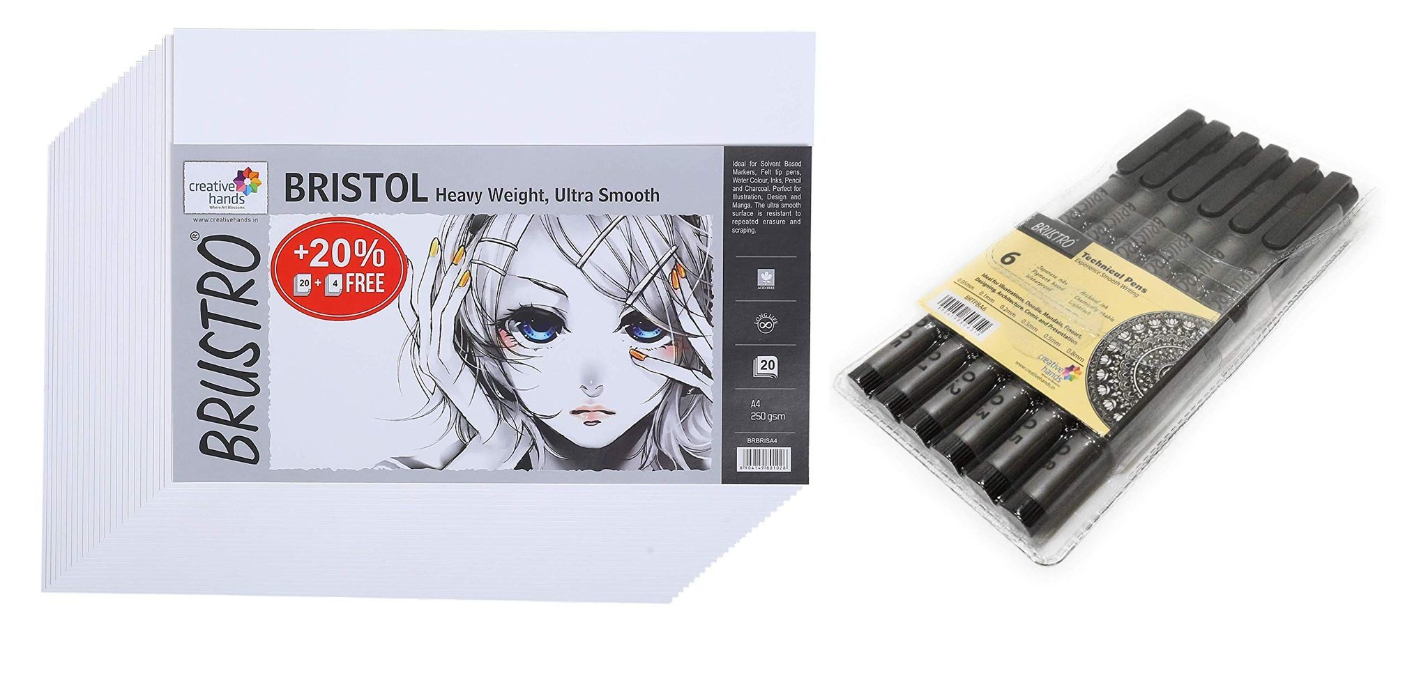 Brustro Technical Pen Black (Set of 6) with Brustro Ultra Smooth Bristol 250 GSM A4 - (Pack of 12 Sheets)