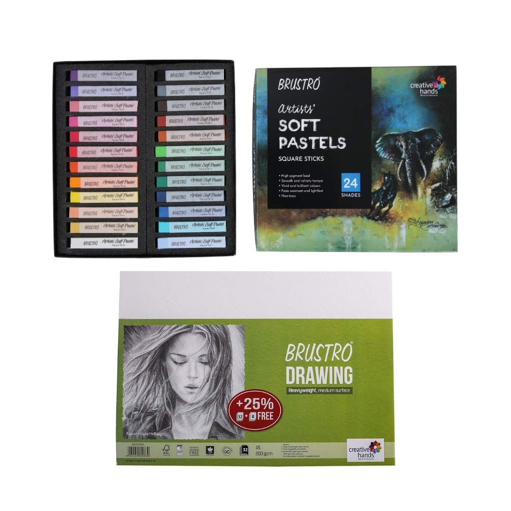 BRUSTRO Artists Soft Pastels Set of 24 with Drawing Paper