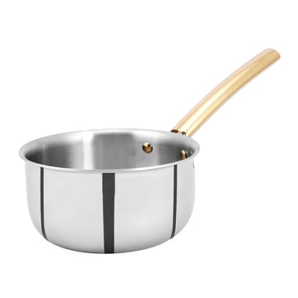 ReeV By Dr.WaterR Stainless Steel Tri Ply Saucepan 1.5 Ltrs with Gold Handle 16 cm | Ideal For Tea | Milk | Chai | Hot Water | Sauce Pot | Home | Kitchen | Restaurant | Oven competible