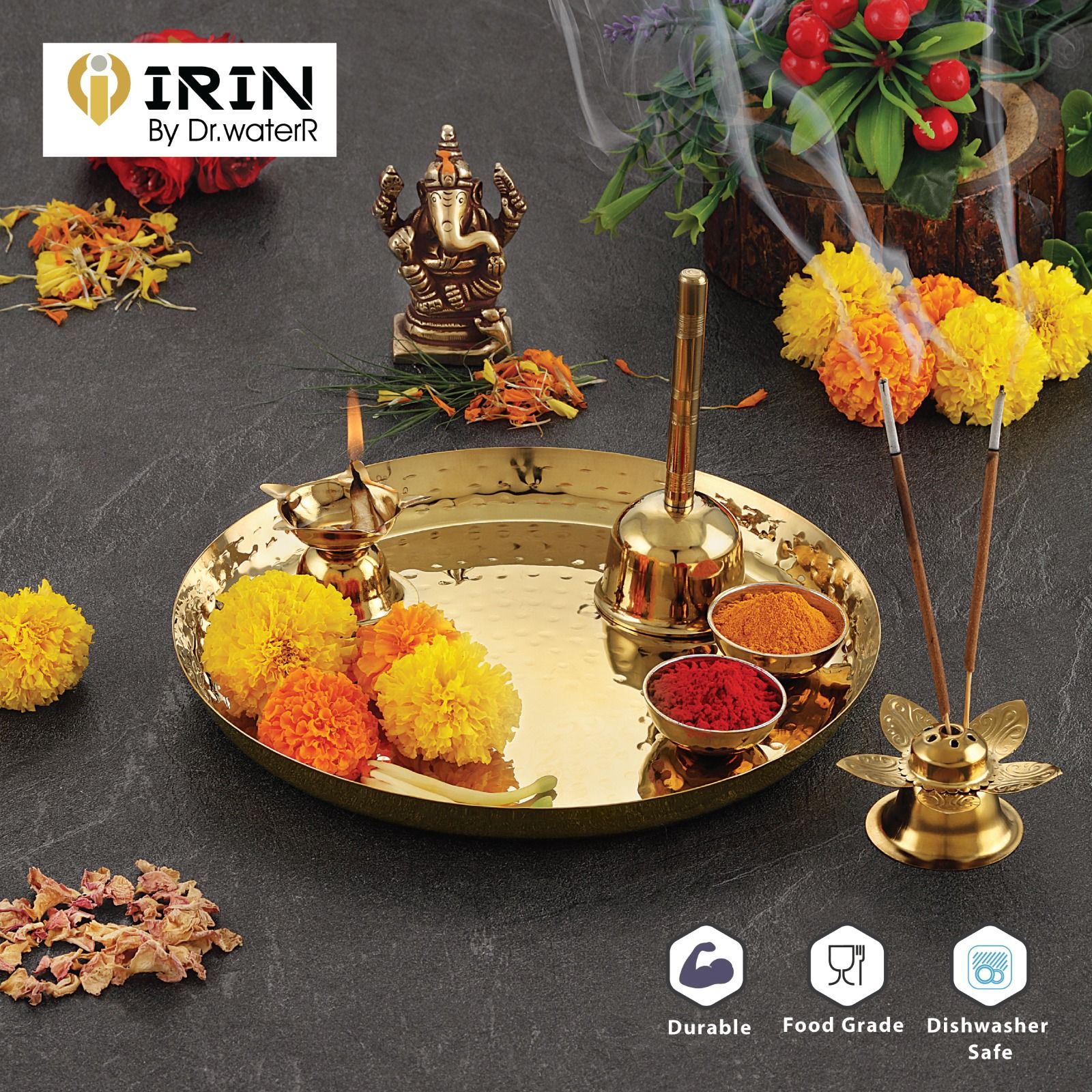 iRiN By Dr. WaterR Stainless Steel Gold PVD Pooja Thali Ideal For Temple, Home, Office, Restaurant, Gifting, Special Occasion, 1 Thali, 2 Small Wati, 1 Diya, Agarbatti Stand