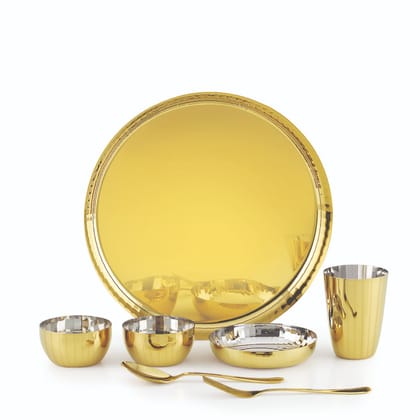 iRin by Dr.WaterR Stainless Steel Diamond Gold PVD Dinner Set Ideal for Home Kitchen Restaurant Gifting Wedding Parivar Set 1 Plate/Thali 2 Bowl 1 Plate 1 Glass 1 Spoon 1 Fork Pack of 7 (Gold) iRin by Dr.WaterR Stainless Steel Diamond Gold PVD Dinner Set Ideal for Home Kitchen Restaurant Gifting Wedding Parivar Set 1 Plate/Thali 2 Bowl 1 Plate 1 Glass 1 Spoon 1 Fork Pack of 7 (Gold)